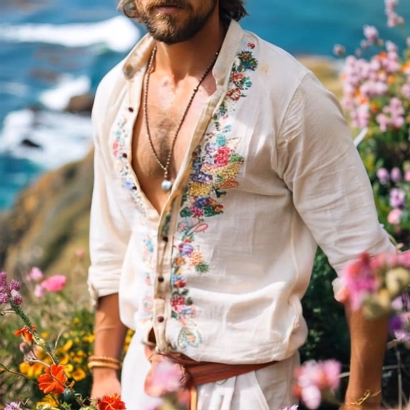 Chemise en Lin Bohème Homme Col Mao Broderie Été
