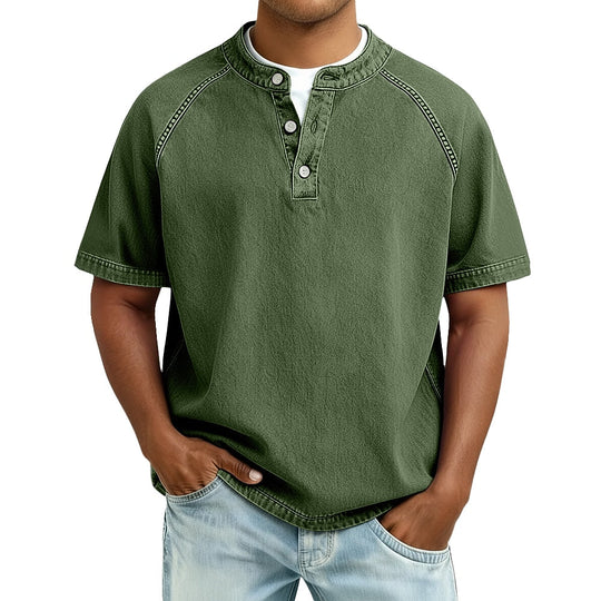 T-Shirt Henley Coton Délavé Homme Manches Courtes