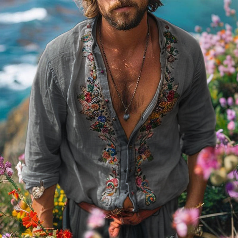 Chemise en Lin Bohème Homme Col Mao Broderie Été