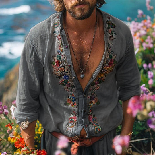 Chemise en Lin Bohème Homme Col Mao Broderie Été