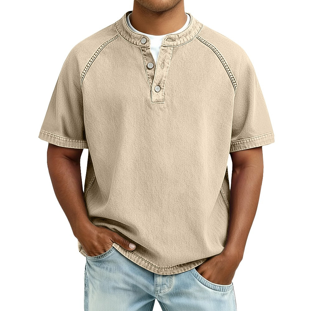 T-Shirt Henley Coton Délavé Homme Manches Courtes