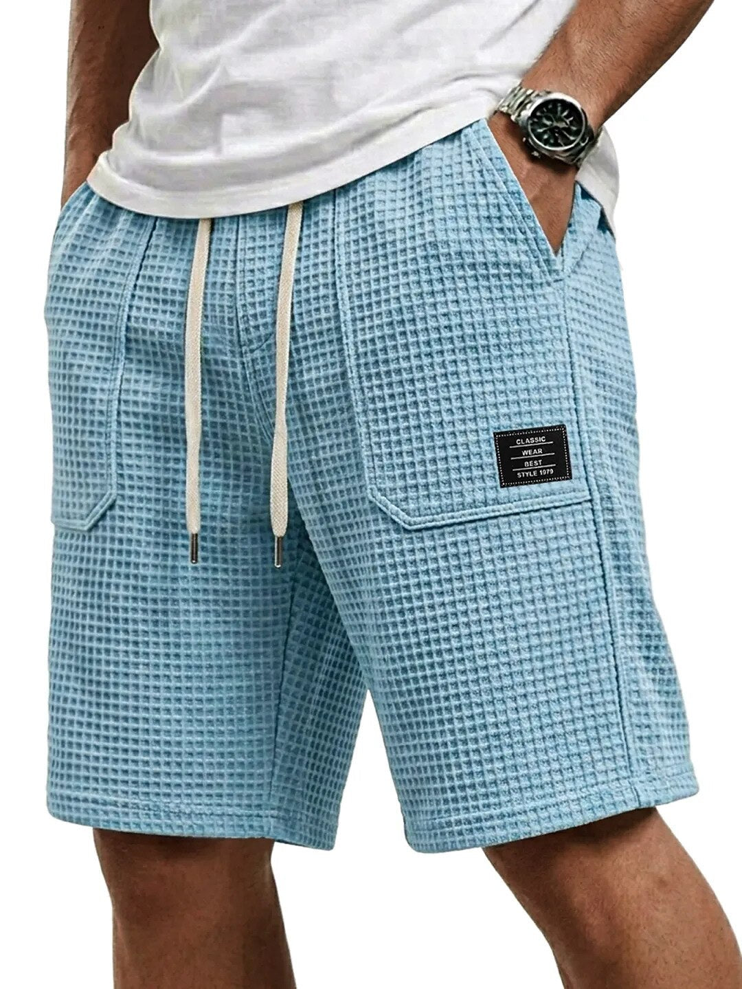 Short en Maille Gaufrée Homme Été Plage Poches