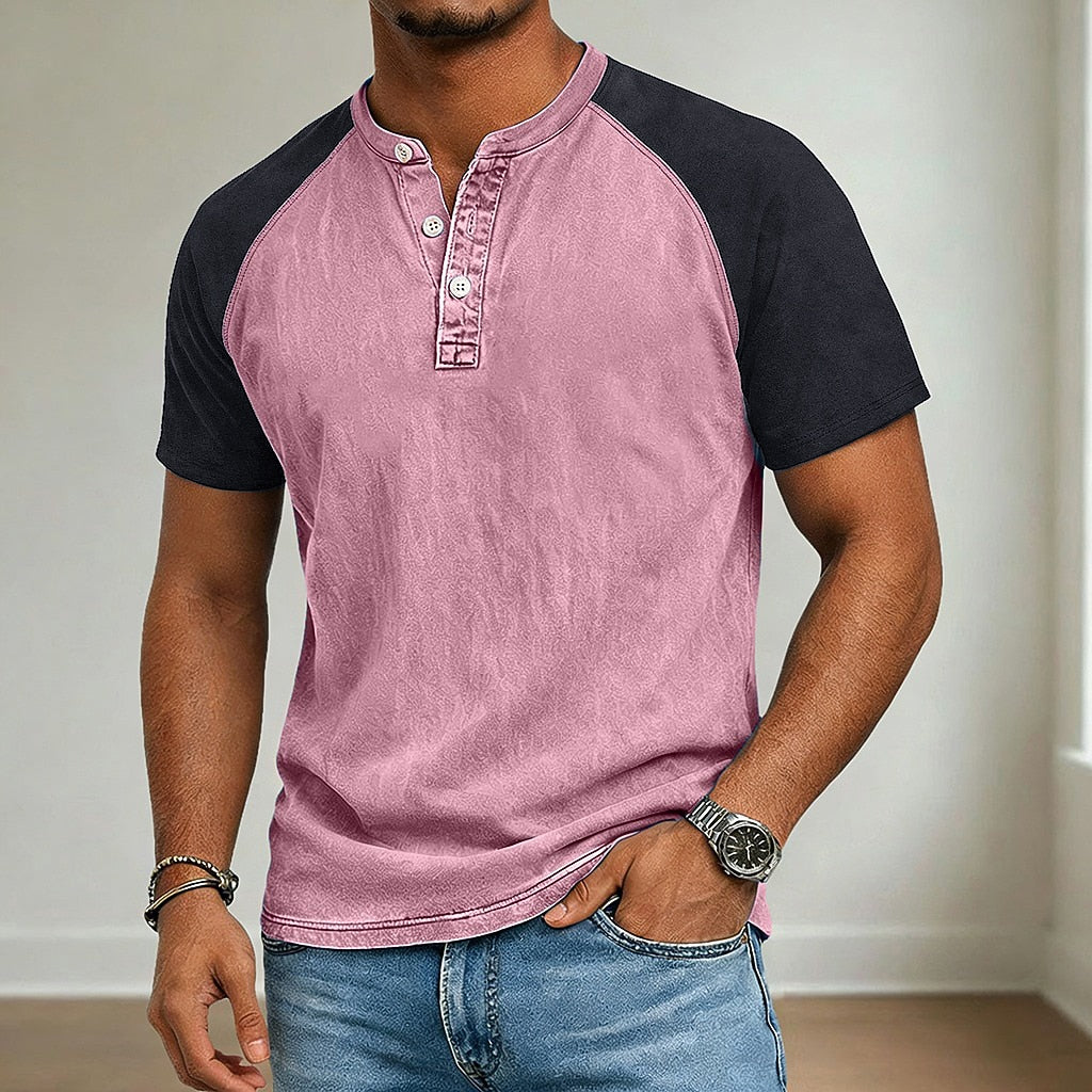 T-Shirt Henley Acid Wash Homme Coton Manches Courtes