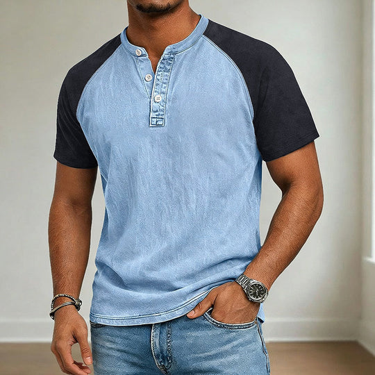 T-Shirt Henley Acid Wash Homme Coton Manches Courtes