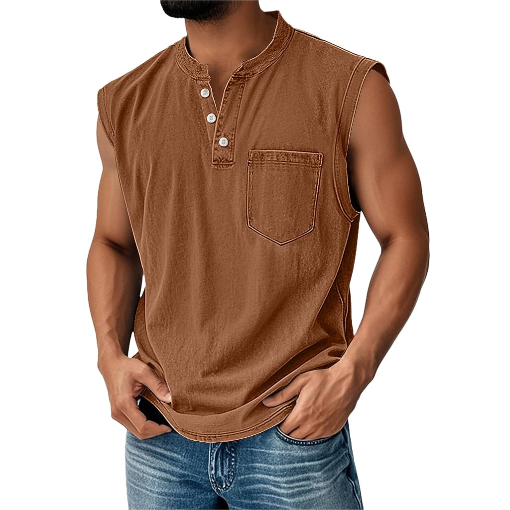 Débardeur Henley Délavé Homme Coton Sans Manches