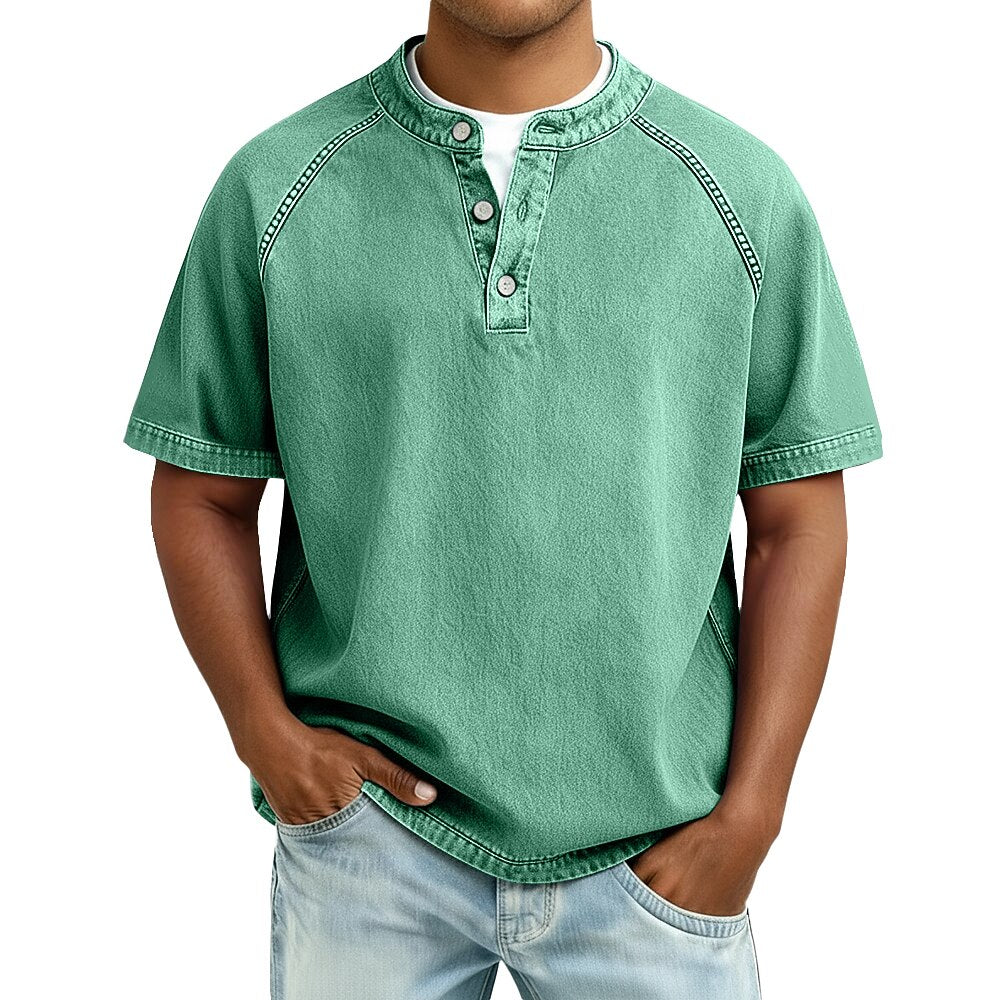 T-Shirt Henley Coton Délavé Homme Manches Courtes