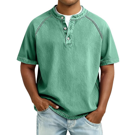 T-Shirt Henley Coton Délavé Homme Manches Courtes