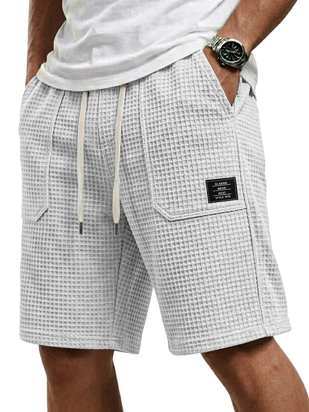 Short en Maille Gaufrée Homme Été Plage Poches