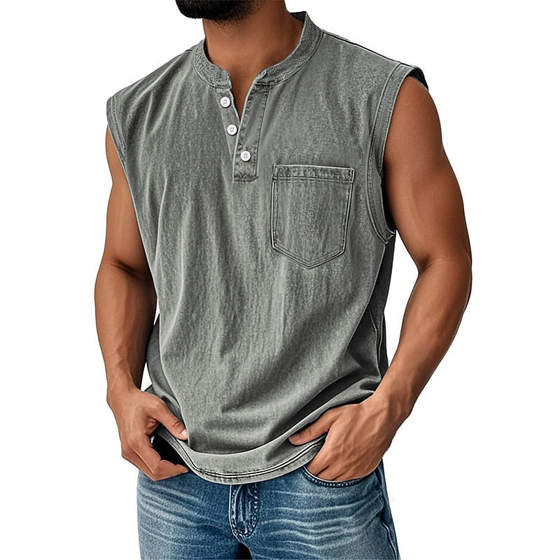 Débardeur Henley Délavé Homme Coton Sans Manches