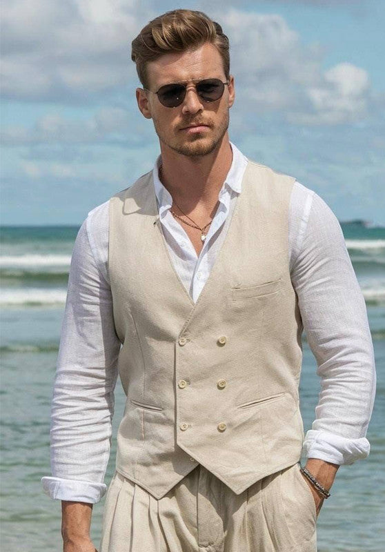 Gilet de Costume en Lin Homme Slim Mariage Business
