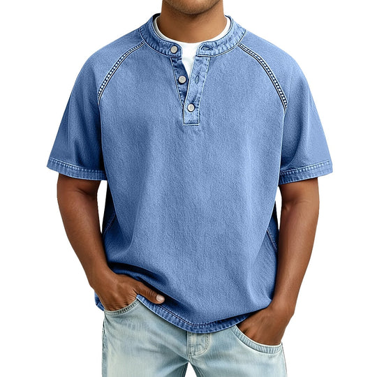 T-Shirt Henley Coton Délavé Homme Manches Courtes