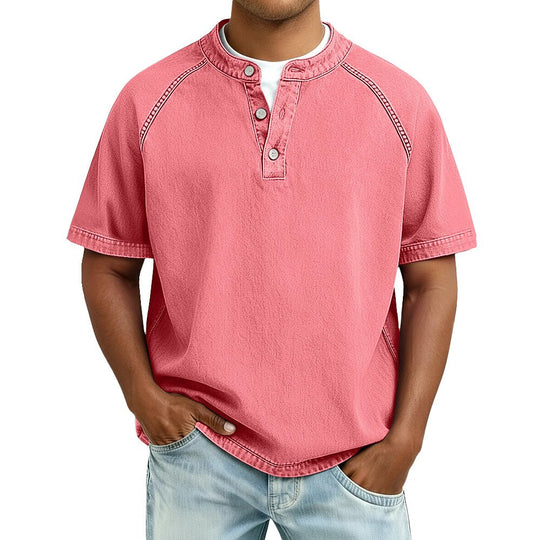 T-Shirt Henley Coton Délavé Homme Manches Courtes