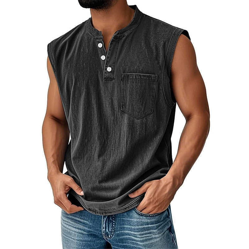 Débardeur Henley Délavé Homme Coton Sans Manches
